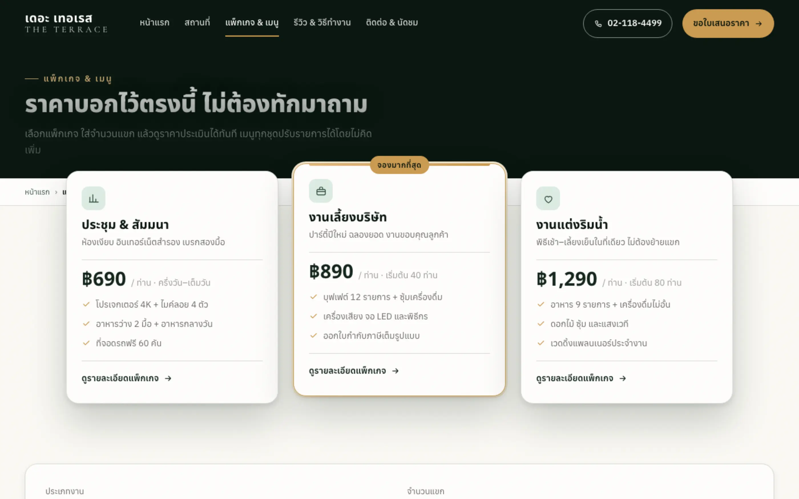 หน้าแพ็กเกจและเมนู — เดอะ เทอเรส ฉบับ 5 หน้า